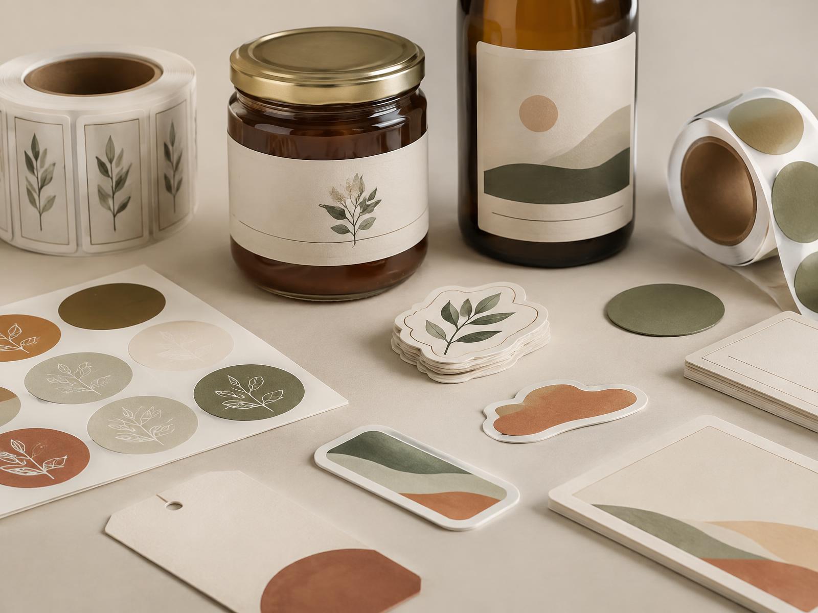 Custom product labels, packaging stickers and adhesive branding arranged on a neutral surface