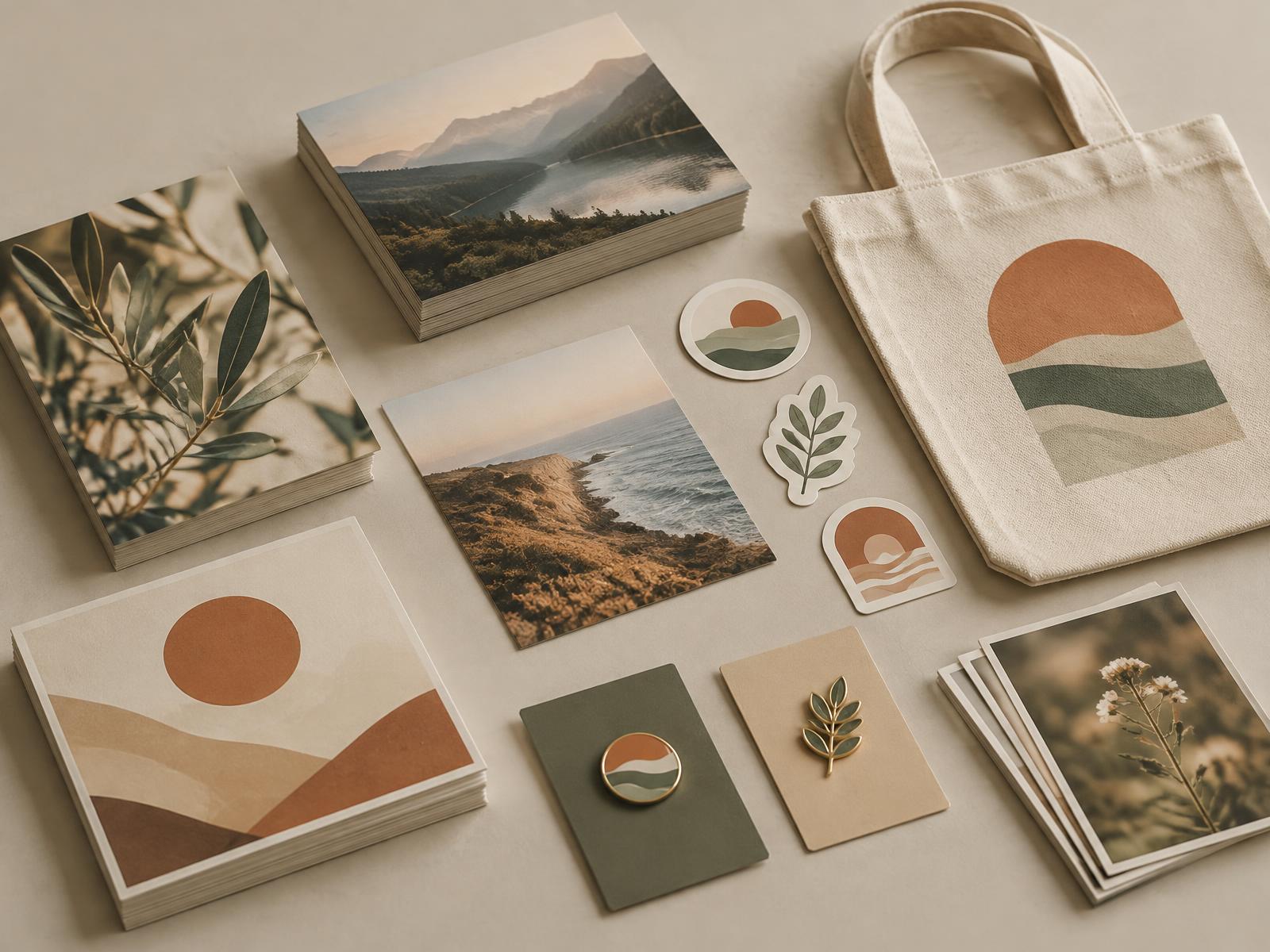 Promotional print products, branded tote bag, postcards and stickers laid out flat